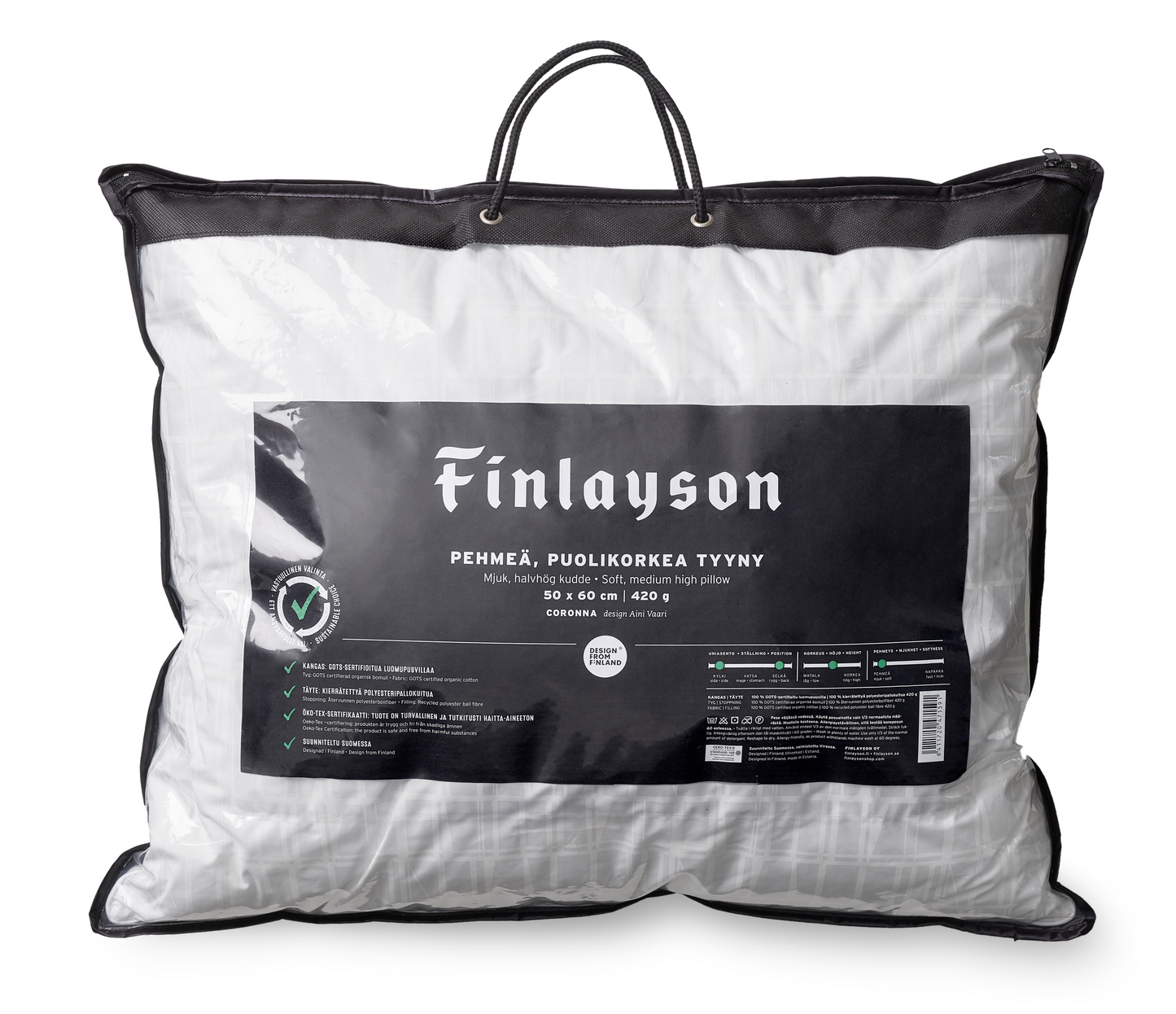 40026-3435-01-06_4; 40014-3435-01-10_4; Finlayson Coronna Premium pehmeä, puolikorkea tyyny Valkoinen / 50x60 cm 