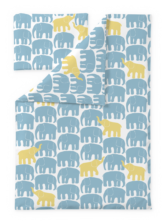 60674-5415-04-06; finlayson.mom Elefantti vapaa pussilakanasetti Vaalea aqua / Keltainen / 85x125 + 40x60 cm