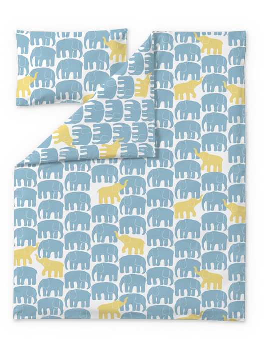 60662-5415-04-06; finlayson.mom Elefantti vapaa pussilakanasetti Vaalea aqua / Keltainen / 120x160 + 40x60 cm